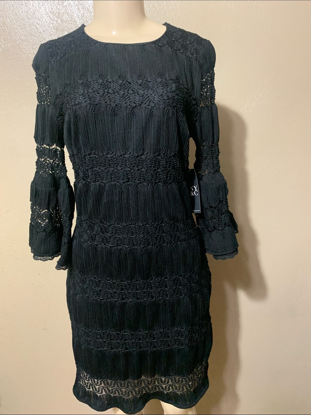 New York & Company Black Crochet Knit Long Bell Sleeve Dress NWT